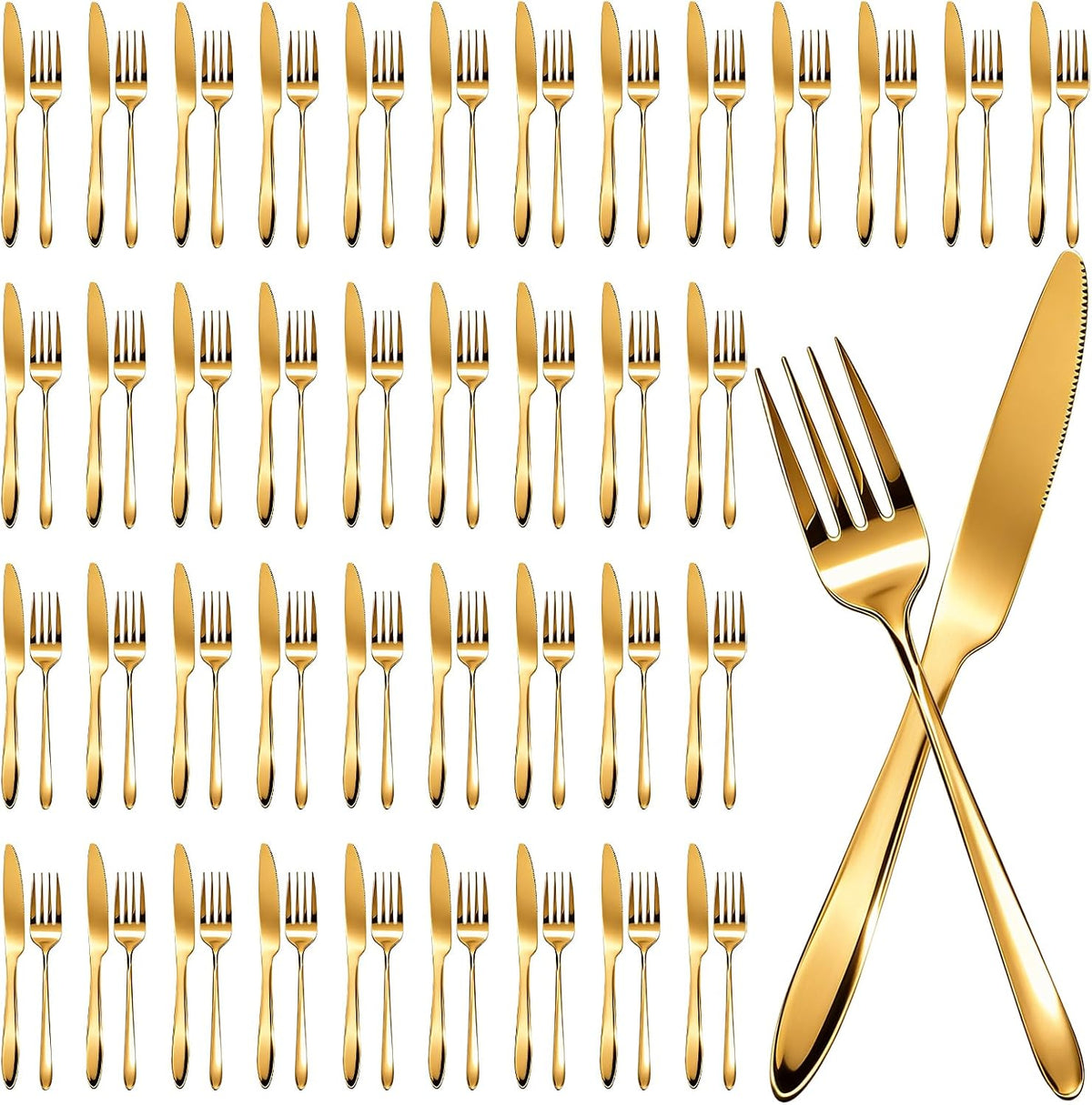 100 Pcs Stainless Steel Set Include 50 Dinner Forks and 50 Steak Knives Metal Butter Knives Forks Flatware Tableware Cutlery Set for Home Restaurant Wedding Parties Kitchen Gold