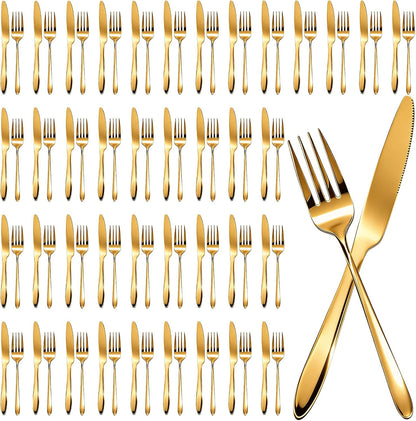 100 Pcs Stainless Steel Set Include 50 Dinner Forks and 50 Steak Knives Metal Butter Knives Forks Flatware Tableware Cutlery Set for Home Restaurant Wedding Parties Kitchen Gold