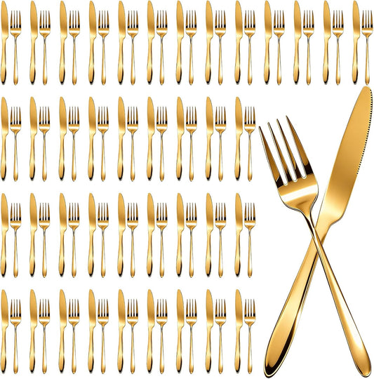 100 Pcs Stainless Steel Set Include 50 Dinner Forks and 50 Steak Knives Metal Butter Knives Forks Flatware Tableware Cutlery Set for Home Restaurant Wedding Parties Kitchen Gold