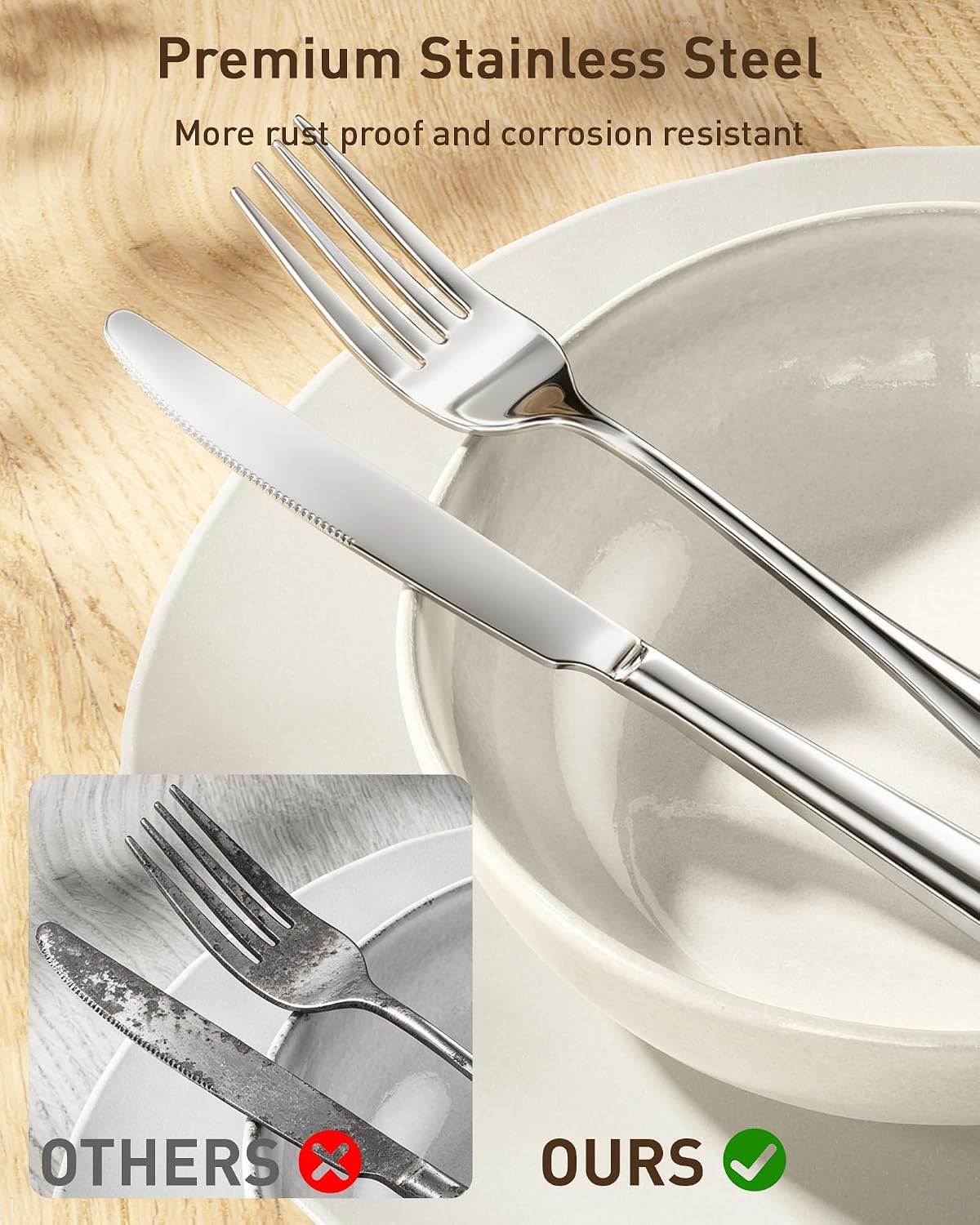 Quatish 36 Piece Silverware Set with Steak Knives, Cutlery Utensil Sets for 6, Food-Grade Stainless Steel Flatware Sets, Kitchen Utensils Set for Home Restaurant Hotel, Mirror Finished, Silver