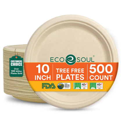 ECO SOUL 9 Inch Disposable Bagasse Paper Plates (100 Pack, Round) | Natural, Compostable, 100% Virgin Bagasse Pulp, Heavy Duty, Biodegradable, Microwave Safe, Food Safe, Eco-Friendly