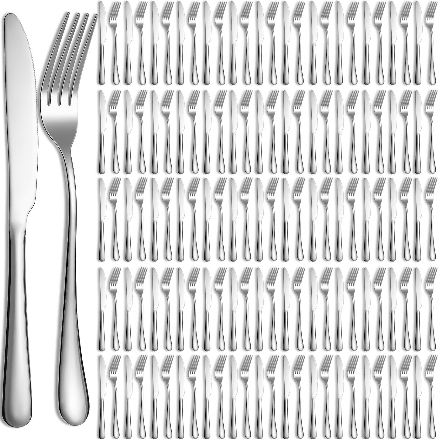 Nuenen 100 Pcs Stainless Steel Forks and Knives, Silver 8.4" 7.1" | Classic Dinner Flatware, Dishwasher Safe for Kitchen Restaurant, Butter Knife Silverware, Durable Tableware Set