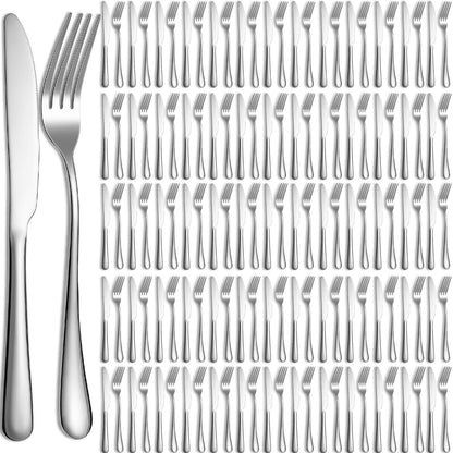 Nuenen 100 Pcs Stainless Steel Forks and Knives, Silver 8.4" 7.1" | Classic Dinner Flatware, Dishwasher Safe for Kitchen Restaurant, Butter Knife Silverware, Durable Tableware Set