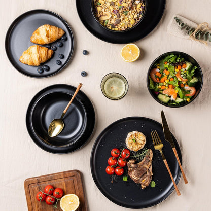 AmorArc Ceramic Dinner Plates Set of 6, 10.25 Inch Stoneware Dishes Set | Wavy Rim Shape Dinnerware Plates for Kitchen, Microwave & Dishwasher Safe, Scratch Resistant-Matte Black