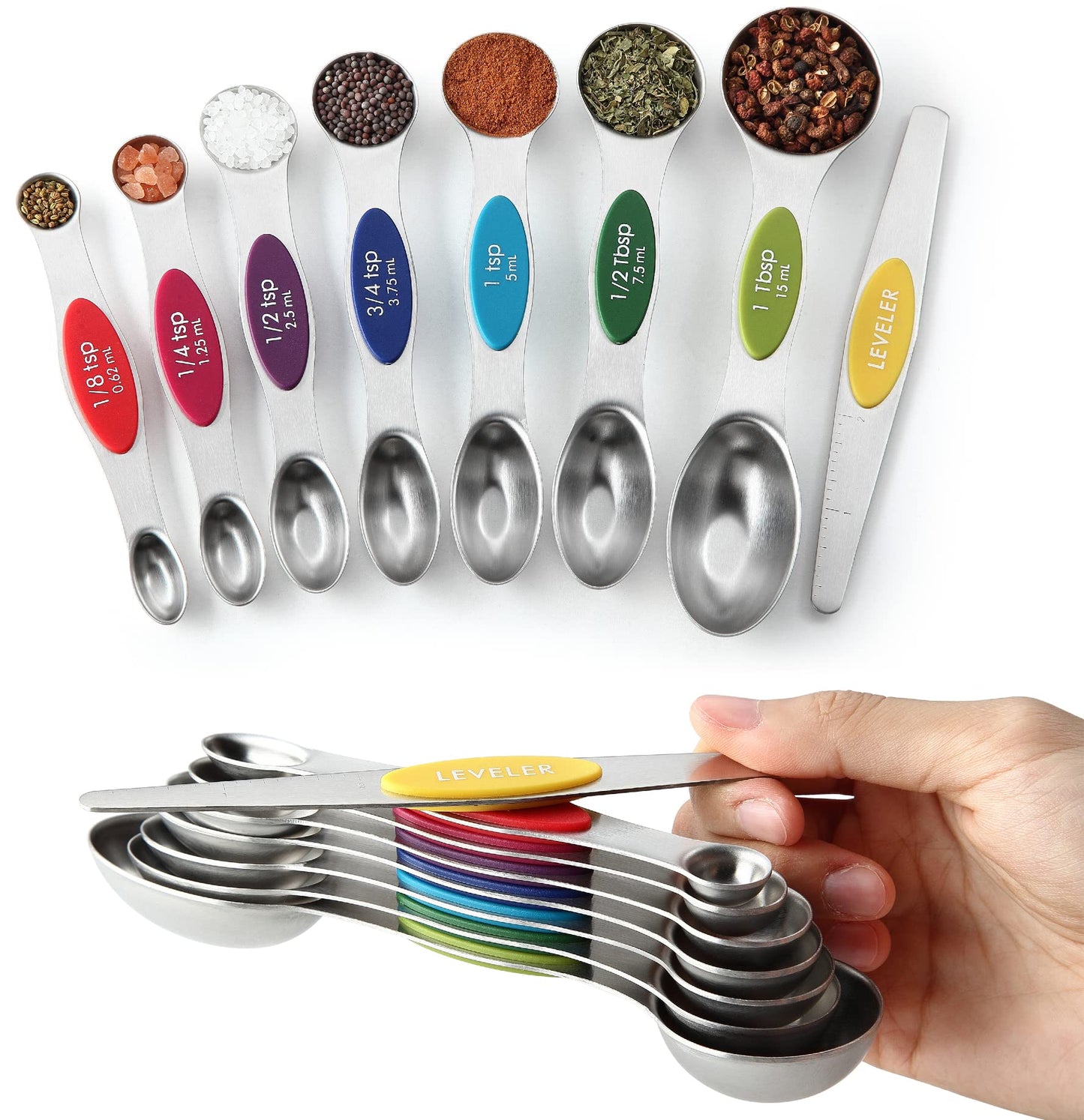 Spring Chef Stainless Steel Magnetic Measuring Spoons Set of 8, Black | Dual Sided Metal Teaspoon & Tablespoon Measuring Spoons with Leveler for Dry & Liquid Ingredients, Nesting, Dishwasher Safe