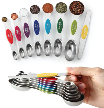 Spring Chef Stainless Steel Magnetic Measuring Spoons Set of 8, Black | Dual Sided Metal Teaspoon & Tablespoon Measuring Spoons with Leveler for Dry & Liquid Ingredients, Nesting, Dishwasher Safe