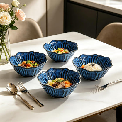 KOOV 24oz Deep Cereal Bowls Set of 4, Vintage Hand-Painted Porcelain Soup Bowls, Reactive Glaze Kitchen Bowls For Oatmeal, Fruit, Microwave And Dishwasher Safe, Pansy Series (Nebule Blue)