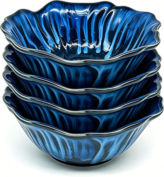 KOOV 24oz Deep Cereal Bowls Set of 4, Vintage Hand-Painted Porcelain Soup Bowls, Reactive Glaze Kitchen Bowls For Oatmeal, Fruit, Microwave And Dishwasher Safe, Pansy Series (Nebule Blue)