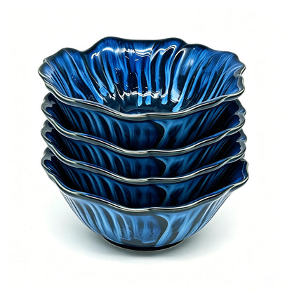 KOOV 24oz Deep Cereal Bowls Set of 4, Vintage Hand-Painted Porcelain Soup Bowls, Reactive Glaze Kitchen Bowls For Oatmeal, Fruit, Microwave And Dishwasher Safe, Pansy Series (Nebule Blue)
