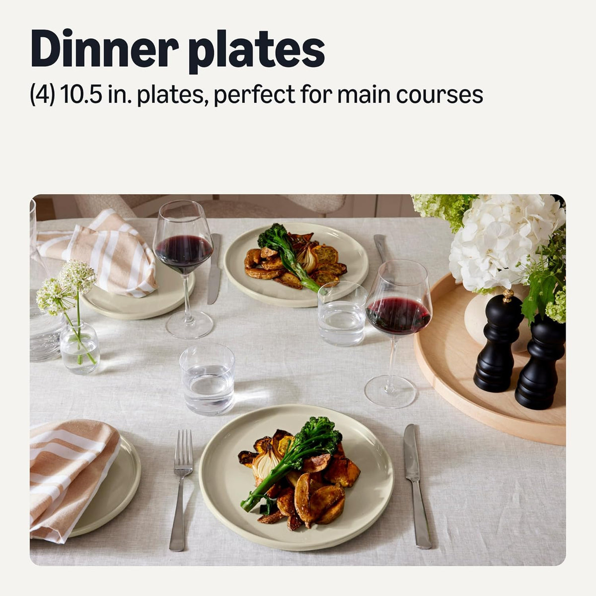 Amazon Basics Glazed Stoneware Dinner Plates, Ceramic 4-Piece Set, Microwave and Dishwasher-Safe, 10.5 in., Ivory