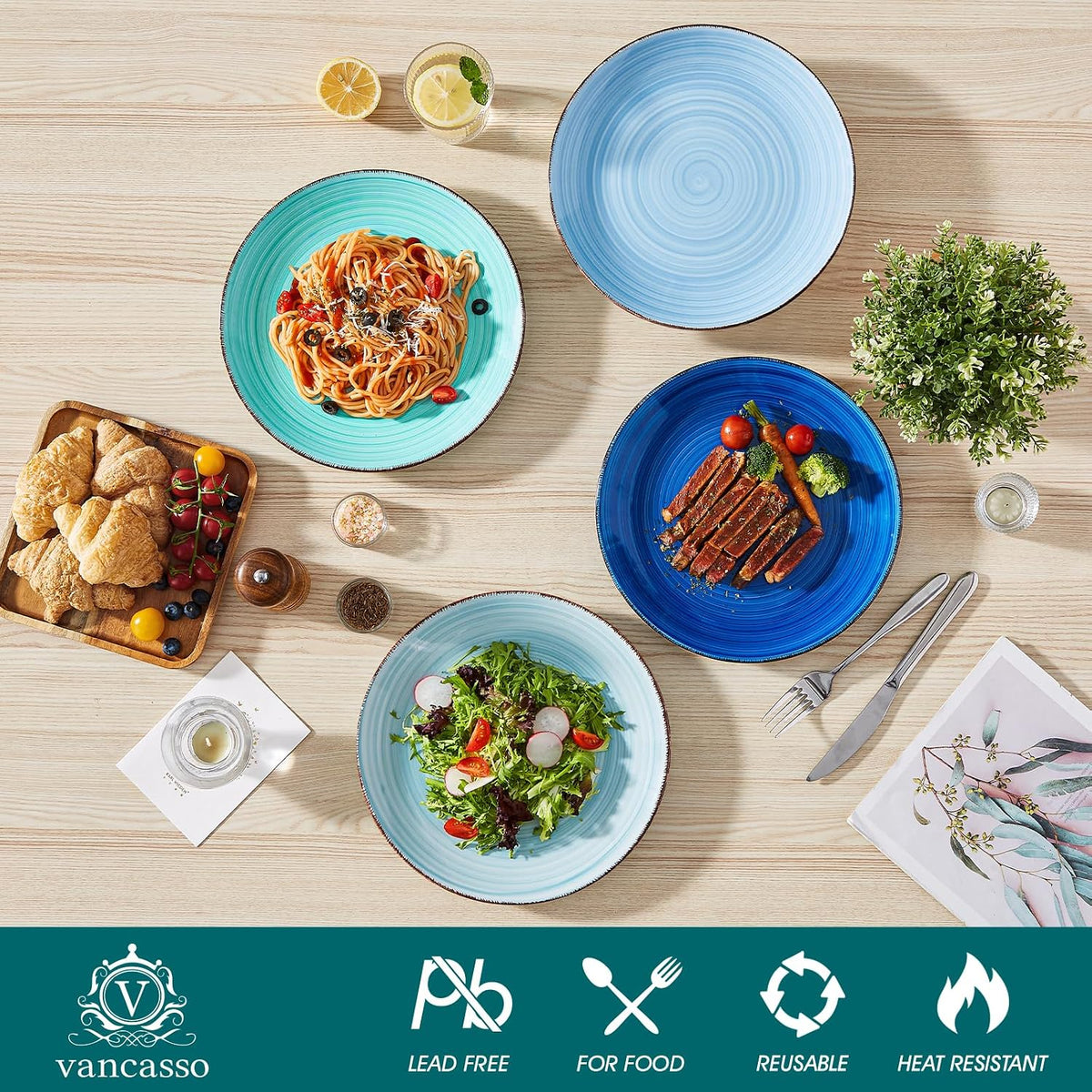 vancasso Bonita 10.5 Inch Ceramic Dinner Plates Set of 6, Cool Colors | Microwave and Oven Safe, Durable Glaze Resists Scratches and Chips, Set of 6 Stackable, Colorful Bonita Design, Salad Plates