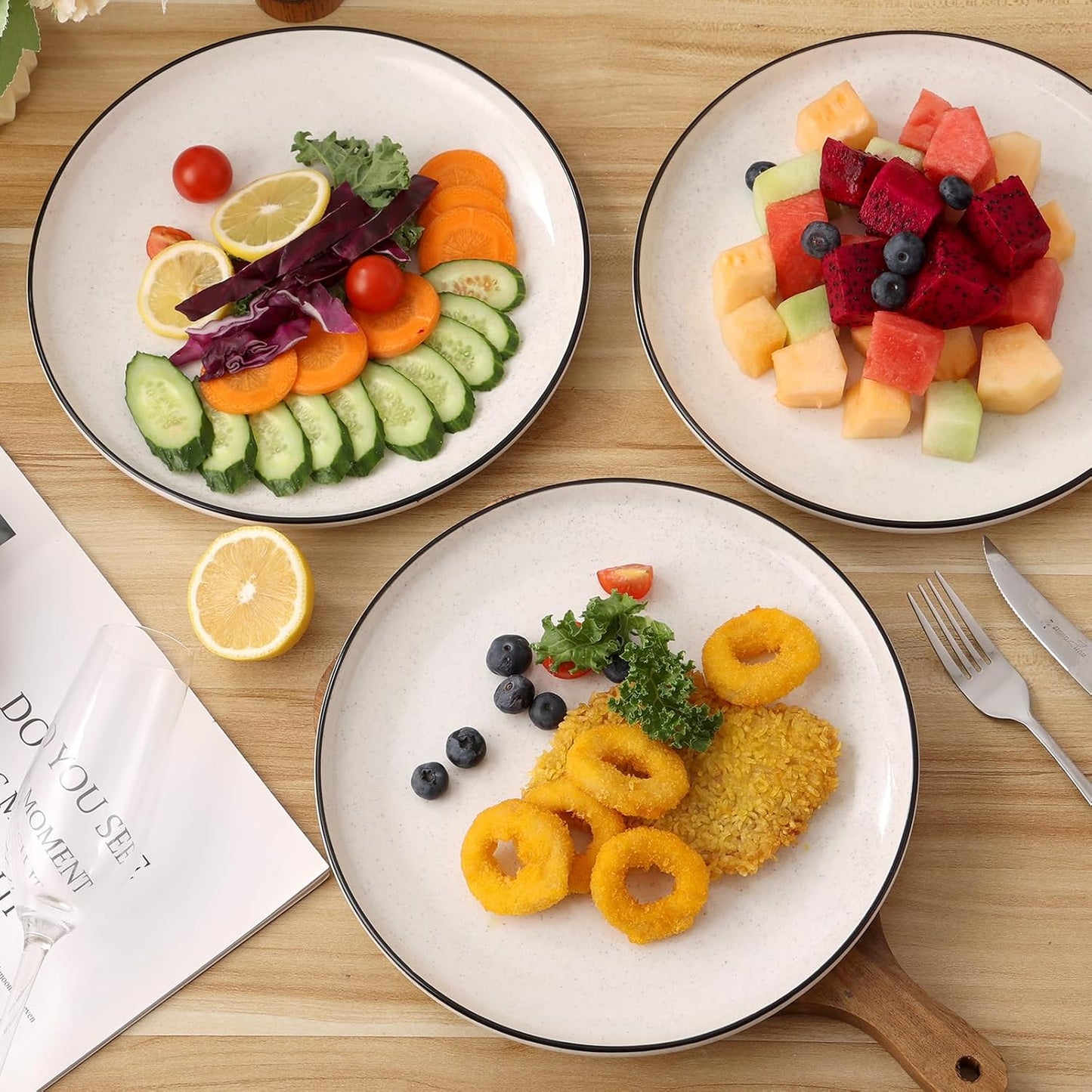 Ceramic White Dinner Plates Set of 6, 10.5 Inch Plates for Kitchen, Microwave Oven and Dishwasher Safe, Modern Dishes Set for Pasta,Steak, Dessert, Salad