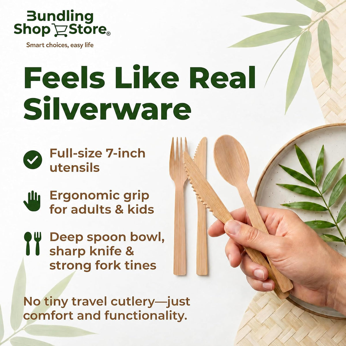 Premium Utensil Set Reusable 100% Bamboo- Eco-Friendly | Portable Wooden Cutlery for Travel, Camping, Office Lunches & Picnics - Lightweight, Durable & Hand Wash Only