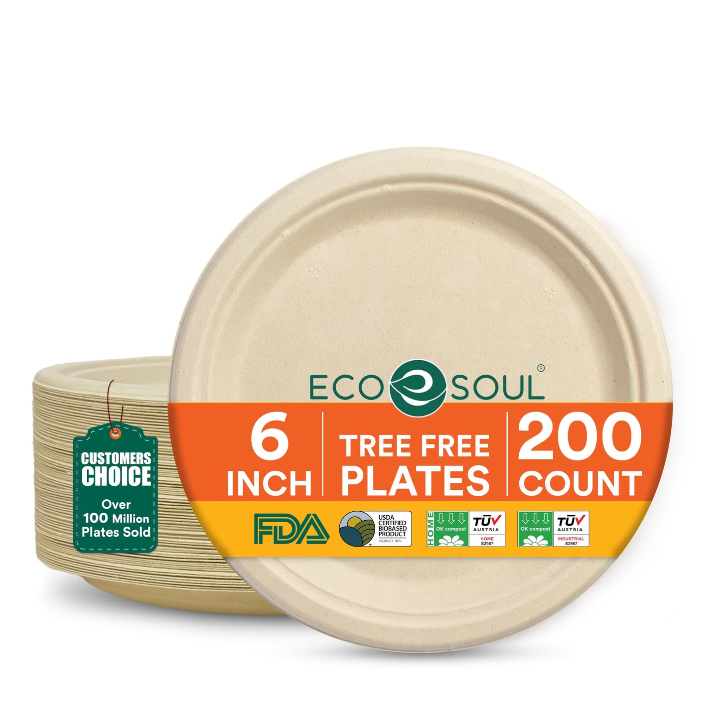 ECO SOUL 9 Inch Disposable Bagasse Paper Plates (100 Pack, Round) | Natural, Compostable, 100% Virgin Bagasse Pulp, Heavy Duty, Biodegradable, Microwave Safe, Food Safe, Eco-Friendly