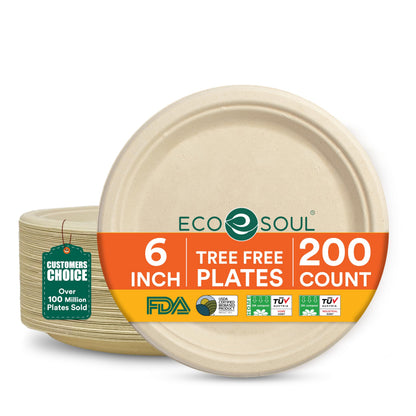 ECO SOUL 9 Inch Disposable Bagasse Paper Plates (100 Pack, Round) | Natural, Compostable, 100% Virgin Bagasse Pulp, Heavy Duty, Biodegradable, Microwave Safe, Food Safe, Eco-Friendly