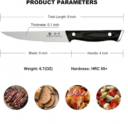 imarku Japanese Steak Knives Set of 8, Serrated blade, Pakkawood Handle | Serrated steak knife with non-slip Pakkawood handle, rust-proof blade, perfect for BBQ, restaurant, holiday dinners