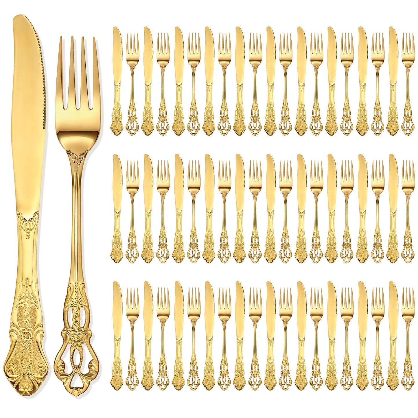 100 Pcs Forks and Knives Cutlery Set Stainless Steel Steak Knives Forks Flatware Royal Silverware Set for Wedding Party Restaurant Dishwasher Safe (Gold)