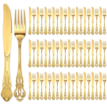 100 Pcs Forks and Knives Cutlery Set Stainless Steel Steak Knives Forks Flatware Royal Silverware Set for Wedding Party Restaurant Dishwasher Safe (Gold)