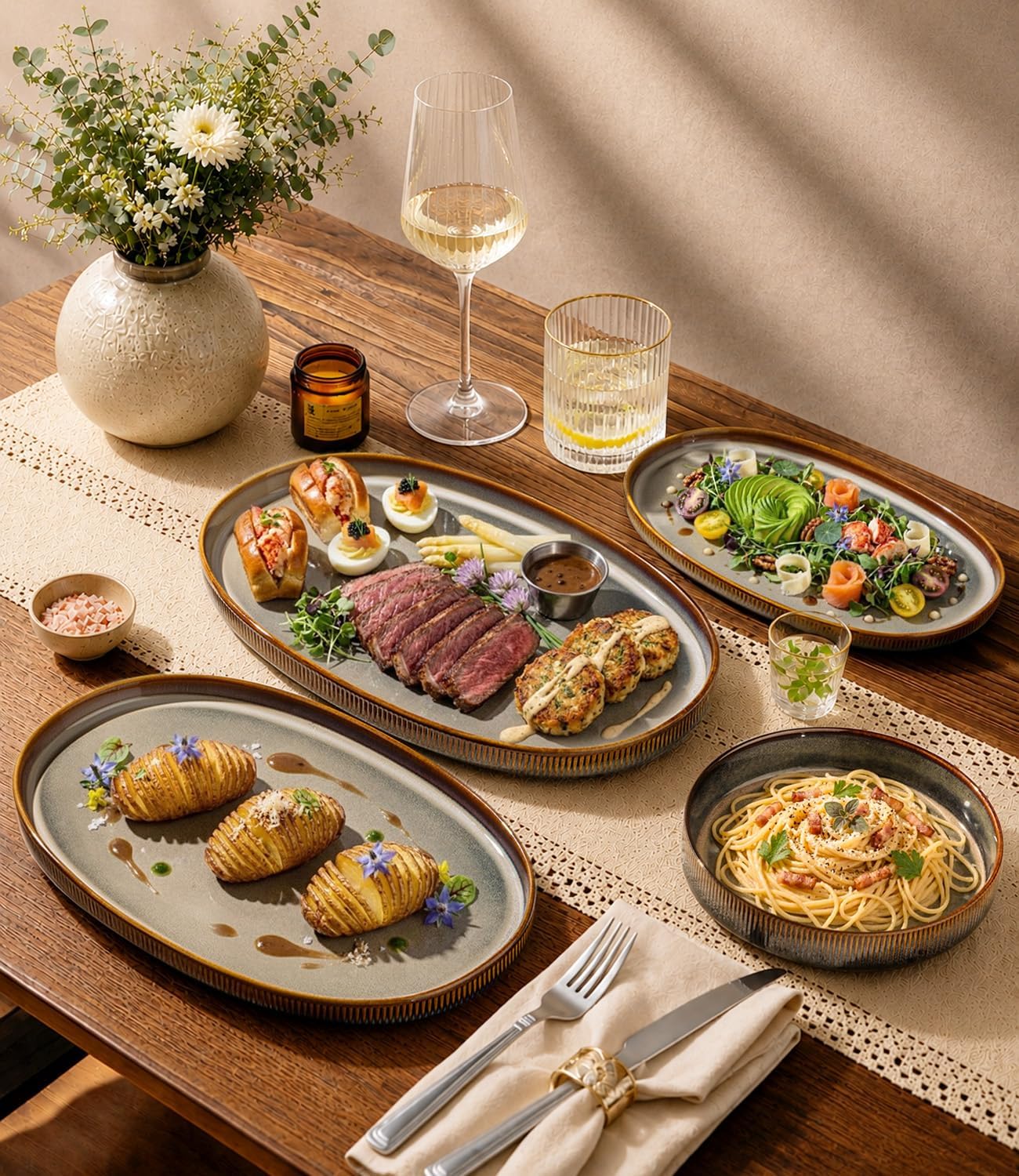 Ceramic Serving Platter Set of 3, Oval Serving Plates and Dishes | 15.6"/14.4"/12.2", Oven & Microwave & Dishwasher Safe, Perfect for Turkey, Parties, Entertaining & Weddings, Cocoa Mocha