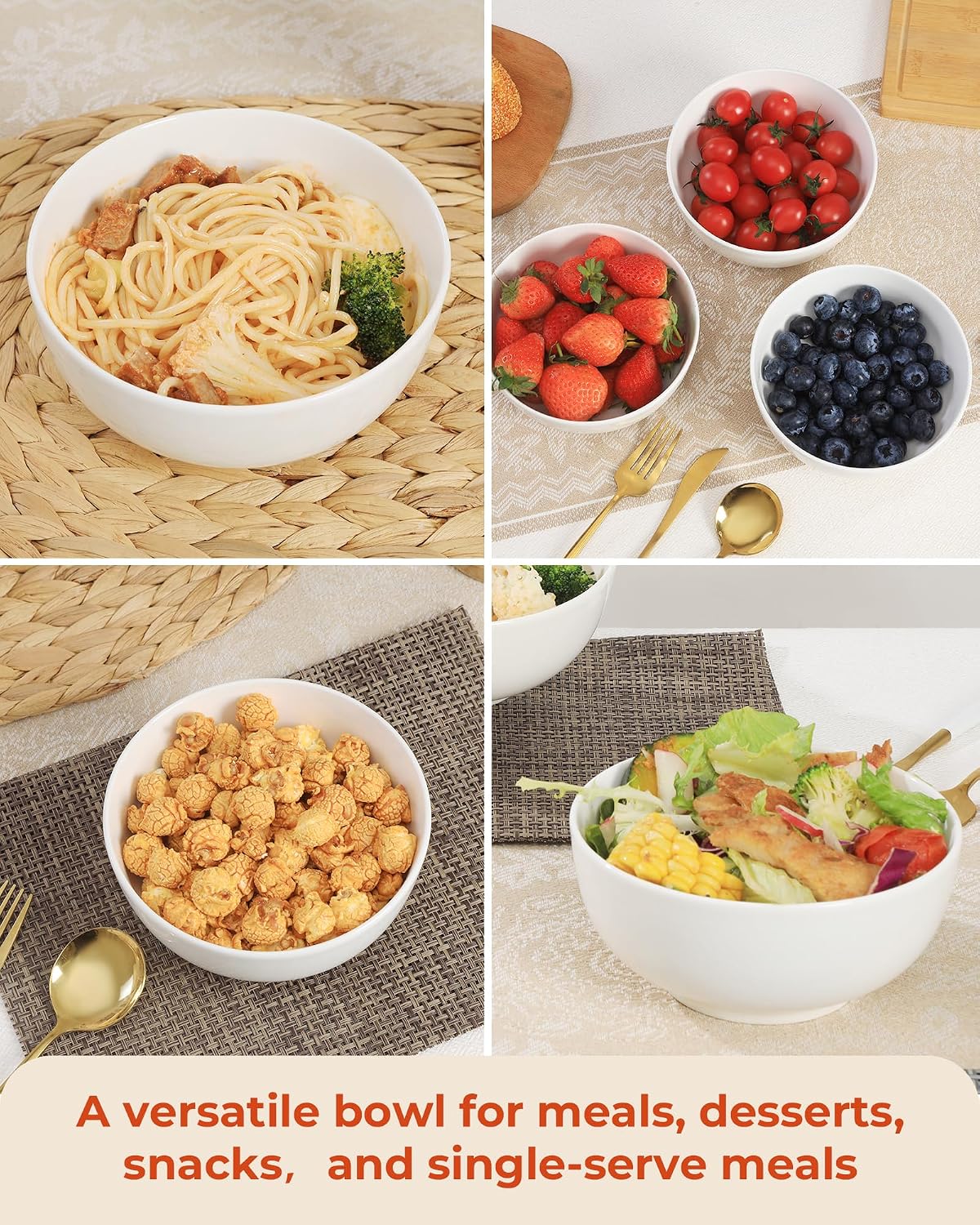 Quatish 6-Piece Cereal Bowls,24 OZ Soup Bowl，Durable Ceramic Bowls，White | Easy to Clean,Microwave & Dishwasher Safe,Ramen,Salad,Rice,Snacks,Desserts,Fruit,Kitchen,Rice,Ice Cream,Noodle,Porcelain