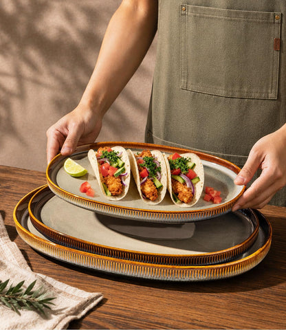 Ceramic Serving Platter Set of 3, Oval Serving Plates and Dishes | 15.6"/14.4"/12.2", Oven & Microwave & Dishwasher Safe, Perfect for Turkey, Parties, Entertaining & Weddings, Cocoa Mocha