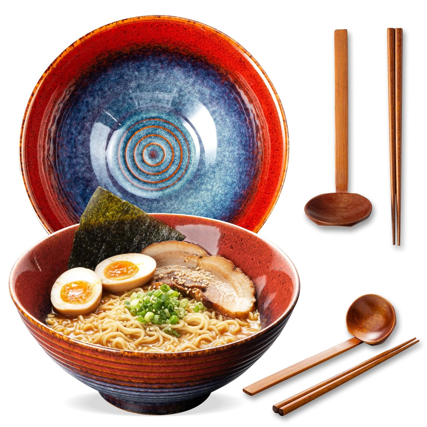 8 Inch Ceramic Ramen Bowl Set of 2, 40oz Japanese Bowls with Spoons & Chopsticks,Durable,Microwave & Dishwasher Safe,Perfect for Ramen,Pho,Salad,Soup,Noodles，Mixing bowls（Verdigris Green）