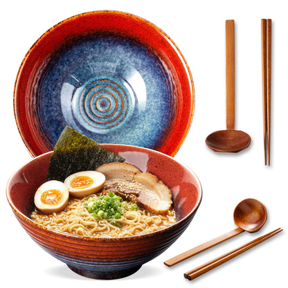 8 Inch Ceramic Ramen Bowl Set of 2, 40oz Japanese Bowls with Spoons & Chopsticks,Durable,Microwave & Dishwasher Safe,Perfect for Ramen,Pho,Salad,Soup,Noodles，Mixing bowls（Verdigris Green）
