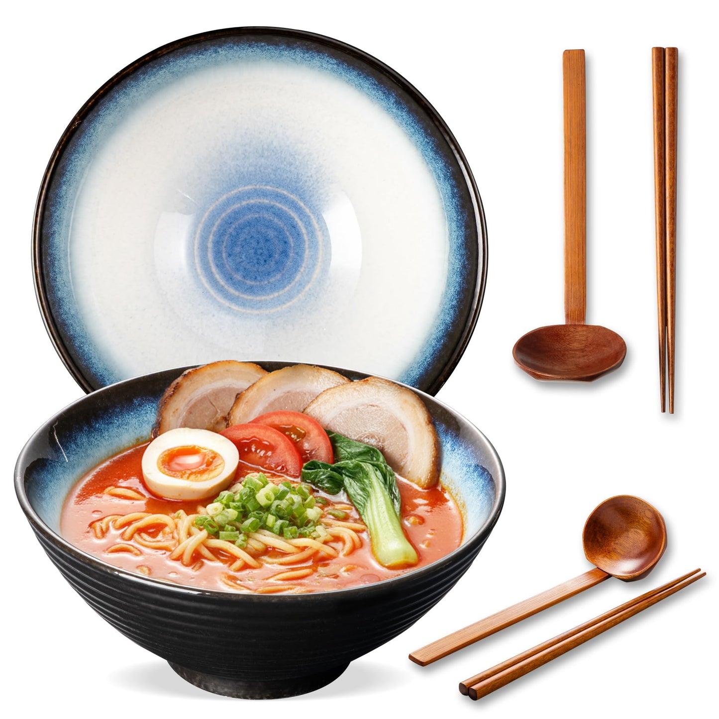 8 Inch Ceramic Ramen Bowl Set of 2, 40oz Japanese Bowls with Spoons & Chopsticks,Durable,Microwave & Dishwasher Safe,Perfect for Ramen,Pho,Salad,Soup,Noodles，Mixing bowls（Verdigris Green）