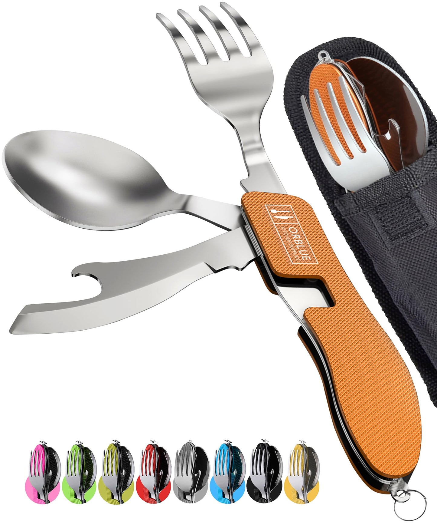 Orblue 4-in-1 Camping Utensils, 1-Pack, Portable Stainless Steel Spoon, Fork, Knife & Bottle Opener Combo Set - Travel, Backpacking Cutlery Multitool Olive Green