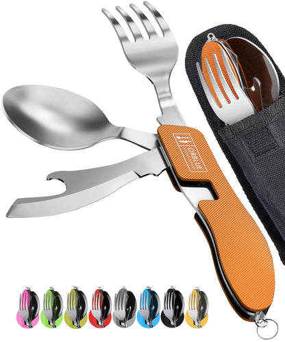 Orblue 4-in-1 Camping Utensils, 1-Pack, Portable Stainless Steel Spoon, Fork, Knife & Bottle Opener Combo Set - Travel, Backpacking Cutlery Multitool Olive Green