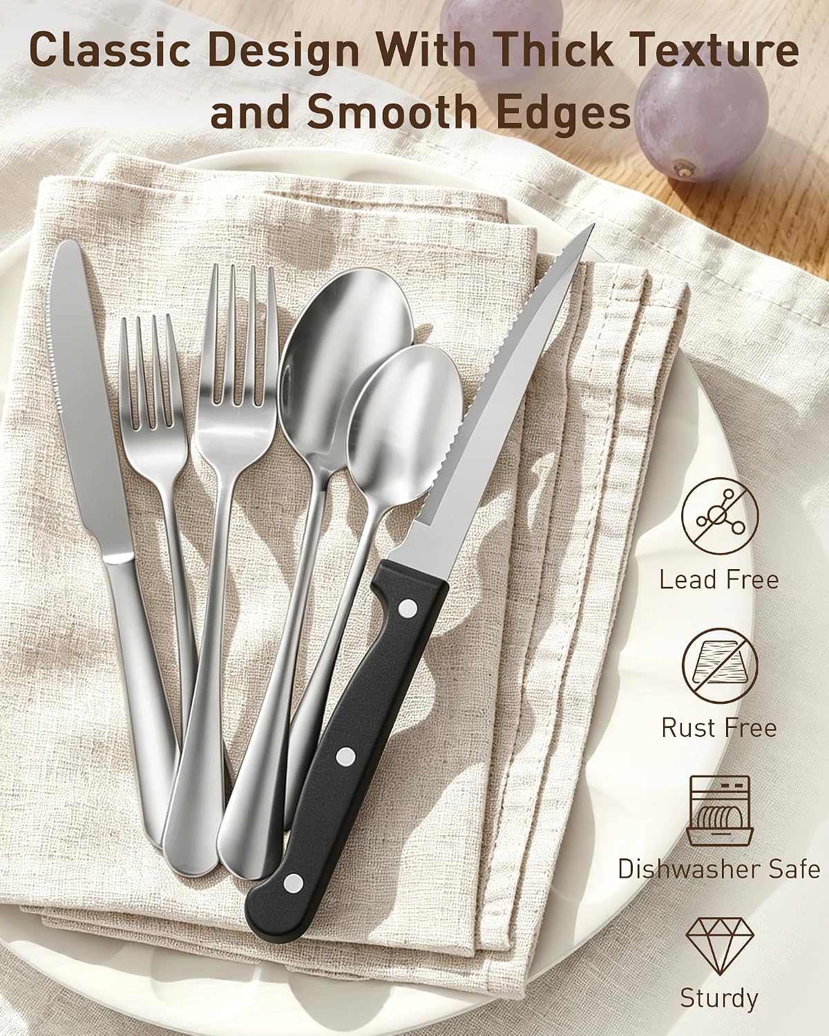 Quatish 36 Piece Silverware Set with Steak Knives, Cutlery Utensil Sets for 6, Food-Grade Stainless Steel Flatware Sets, Kitchen Utensils Set for Home Restaurant Hotel, Mirror Finished, Silver