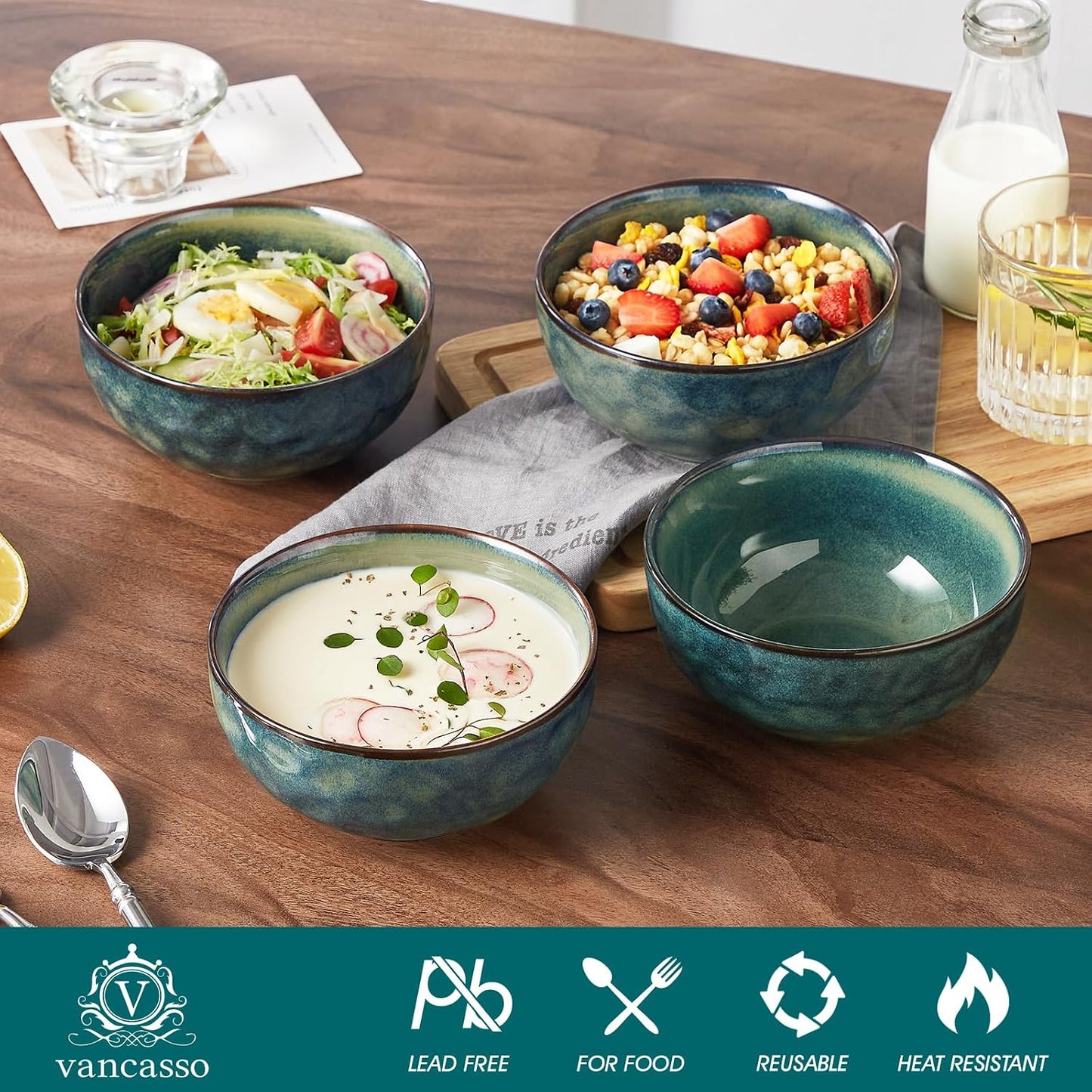 vancasso Starry 24oz Bowls for Soup, Ceramic Green bowls Set of 4 | Deep Bowls for Cereal, Salad and Oatmeal, Dishwasher & Microwave Oven Safe