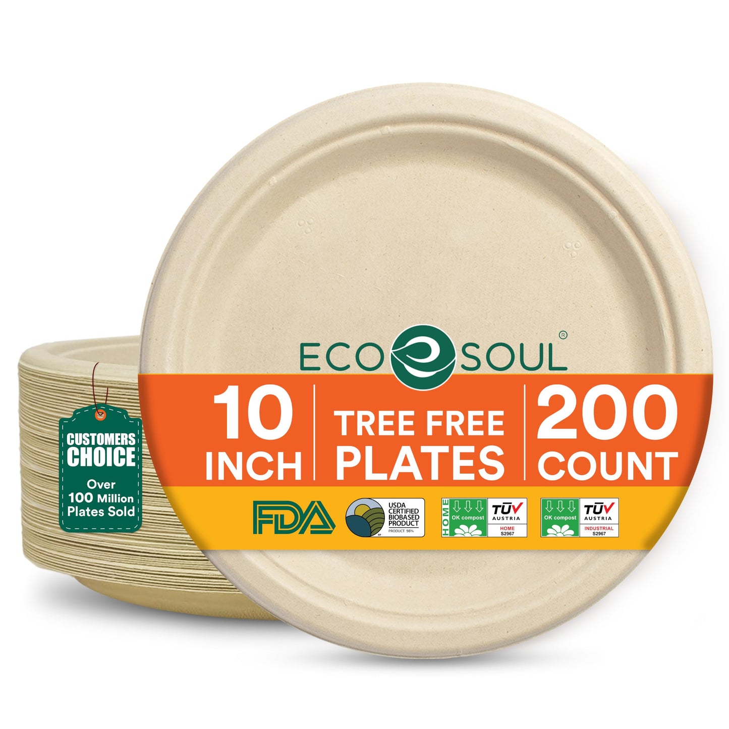 ECO SOUL 9 Inch Disposable Bagasse Paper Plates (100 Pack, Round) | Natural, Compostable, 100% Virgin Bagasse Pulp, Heavy Duty, Biodegradable, Microwave Safe, Food Safe, Eco-Friendly