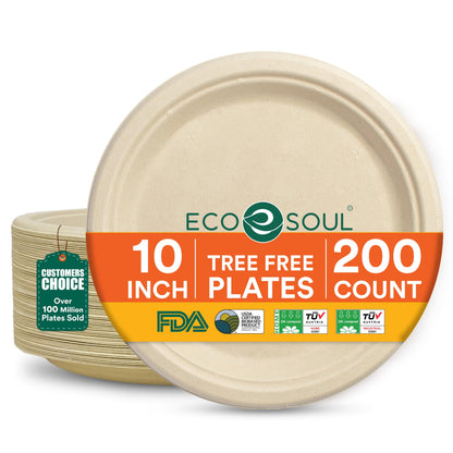 ECO SOUL 9 Inch Disposable Bagasse Paper Plates (100 Pack, Round) | Natural, Compostable, 100% Virgin Bagasse Pulp, Heavy Duty, Biodegradable, Microwave Safe, Food Safe, Eco-Friendly