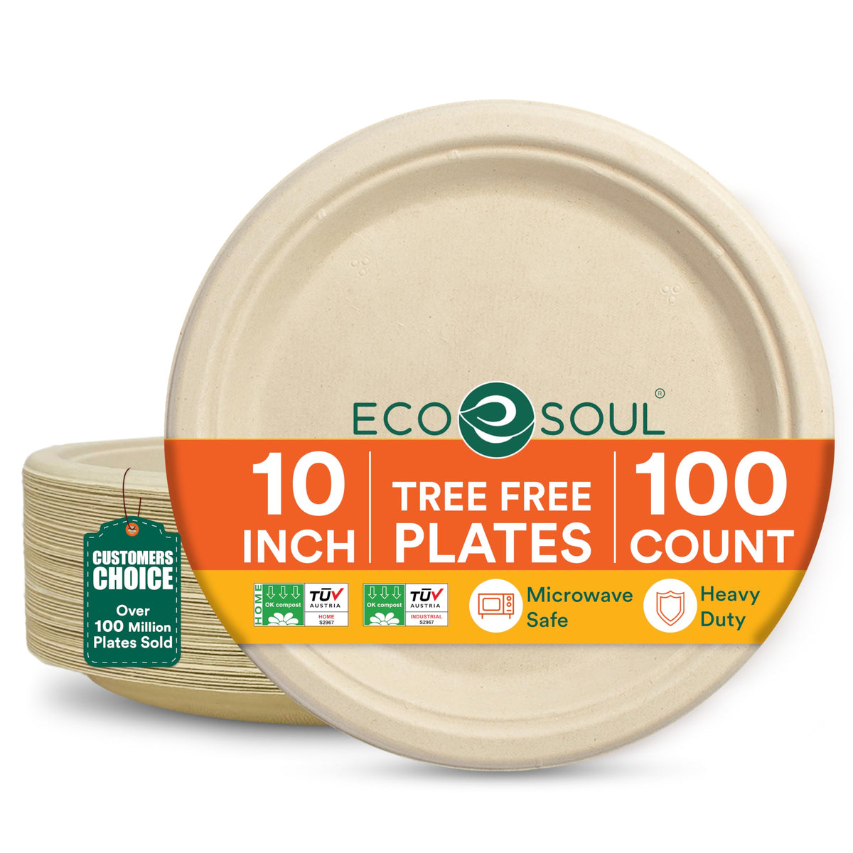 ECO SOUL 9 Inch Disposable Bagasse Paper Plates (100 Pack, Round) | Natural, Compostable, 100% Virgin Bagasse Pulp, Heavy Duty, Biodegradable, Microwave Safe, Food Safe, Eco-Friendly