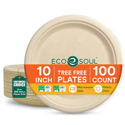 ECO SOUL 9 Inch Disposable Bagasse Paper Plates (100 Pack, Round) | Natural, Compostable, 100% Virgin Bagasse Pulp, Heavy Duty, Biodegradable, Microwave Safe, Food Safe, Eco-Friendly