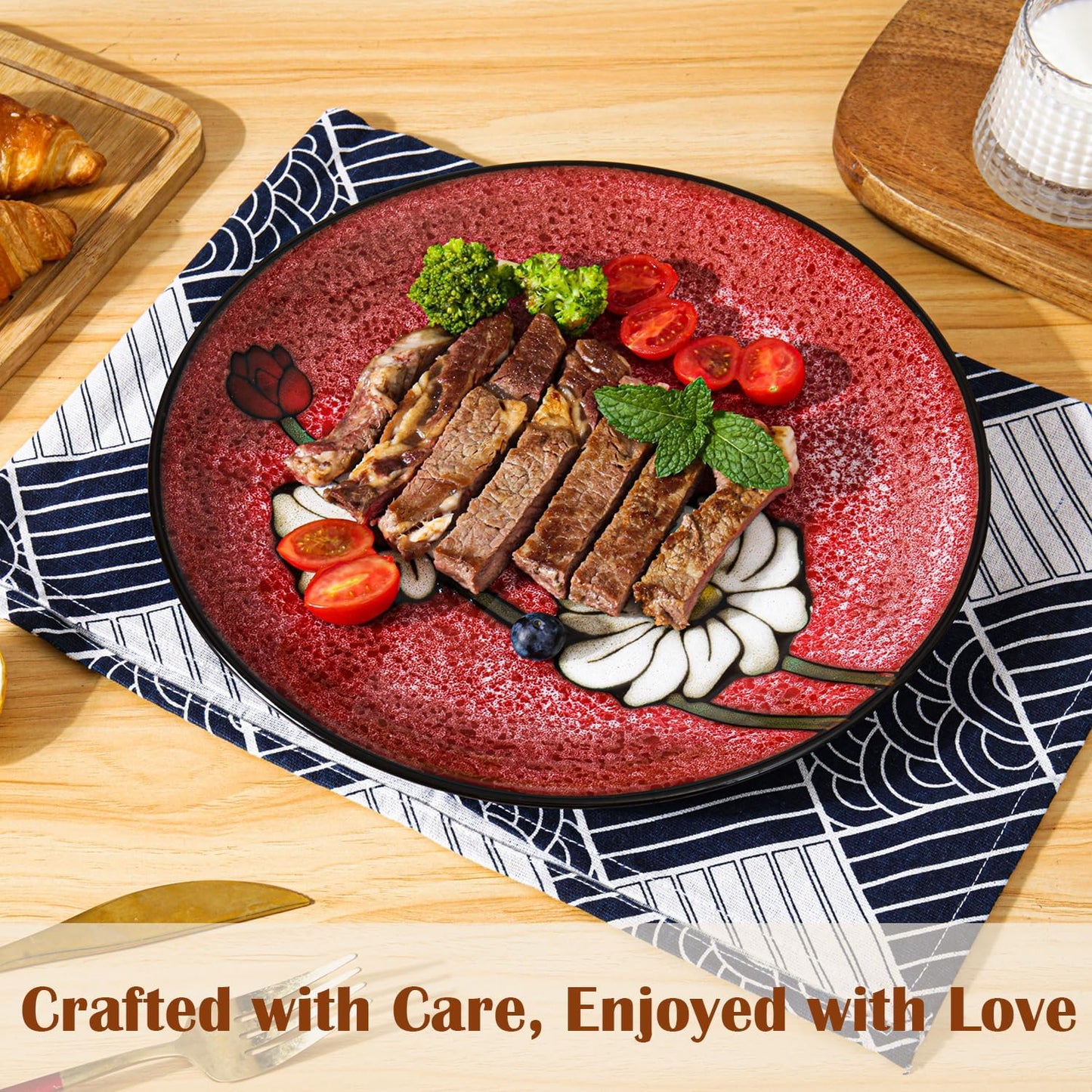Ceramic Dinner Plates Set of 4, 11 Inch Underglaze Painting Large Porcelain Plates, Salad Plates-Microwave, Oven and Dishwasher Safe, Scratch Resistant