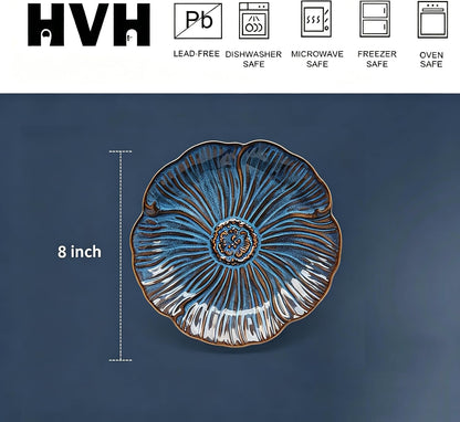 HVH 8 inch Large Pasta Bowls Set of 4, 40oz Wide Shallow Salad Bowls, Reactive Glaze Ceramic Dinner Serving Bowls Set for Ramen, Microwave & Dishwasher Safe, Corn Poppy Series (Reactive Darkblue)