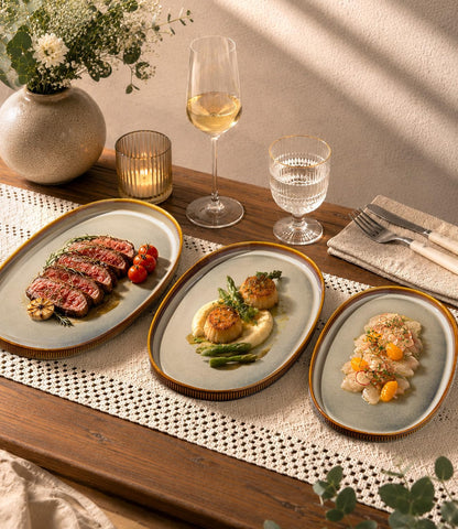 Ceramic Serving Platter Set of 3, Oval Serving Plates and Dishes | 15.6"/14.4"/12.2", Oven & Microwave & Dishwasher Safe, Perfect for Turkey, Parties, Entertaining & Weddings, Cocoa Mocha