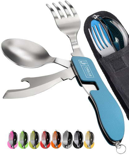 Orblue 4-in-1 Camping Utensils, 1-Pack, Portable Stainless Steel Spoon, Fork, Knife & Bottle Opener Combo Set - Travel, Backpacking Cutlery Multitool Olive Green