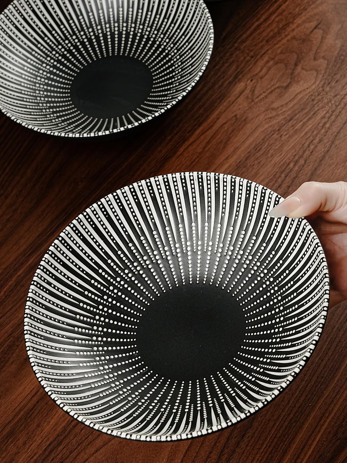 8 Inch Ceramic Bowl Set of 2, Classic Black and White Pasta Bowl,Salad Bowls,Fruit bowl with Embossed Textured Interior, Microwave & Dishwasher Safe, for Ramen, Udon, Pho, Cereal, Serving(Black-Dots)
