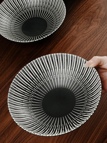8 Inch Ceramic Bowl Set of 2, Classic Black and White Pasta Bowl,Salad Bowls,Fruit bowl with Embossed Textured Interior, Microwave & Dishwasher Safe, for Ramen, Udon, Pho, Cereal, Serving(Black-Dots)