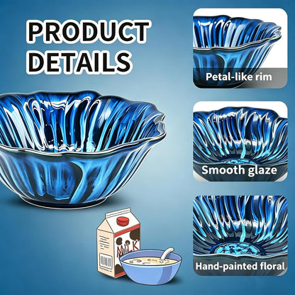 KOOV 24oz Deep Cereal Bowls Set of 4, Vintage Hand-Painted Porcelain Soup Bowls, Reactive Glaze Kitchen Bowls For Oatmeal, Fruit, Microwave And Dishwasher Safe, Pansy Series (Nebule Blue)