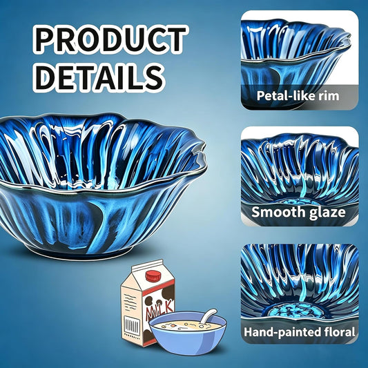 KOOV 24oz Deep Cereal Bowls Set of 4, Vintage Hand-Painted Porcelain Soup Bowls, Reactive Glaze Kitchen Bowls For Oatmeal, Fruit, Microwave And Dishwasher Safe, Pansy Series (Nebule Blue)