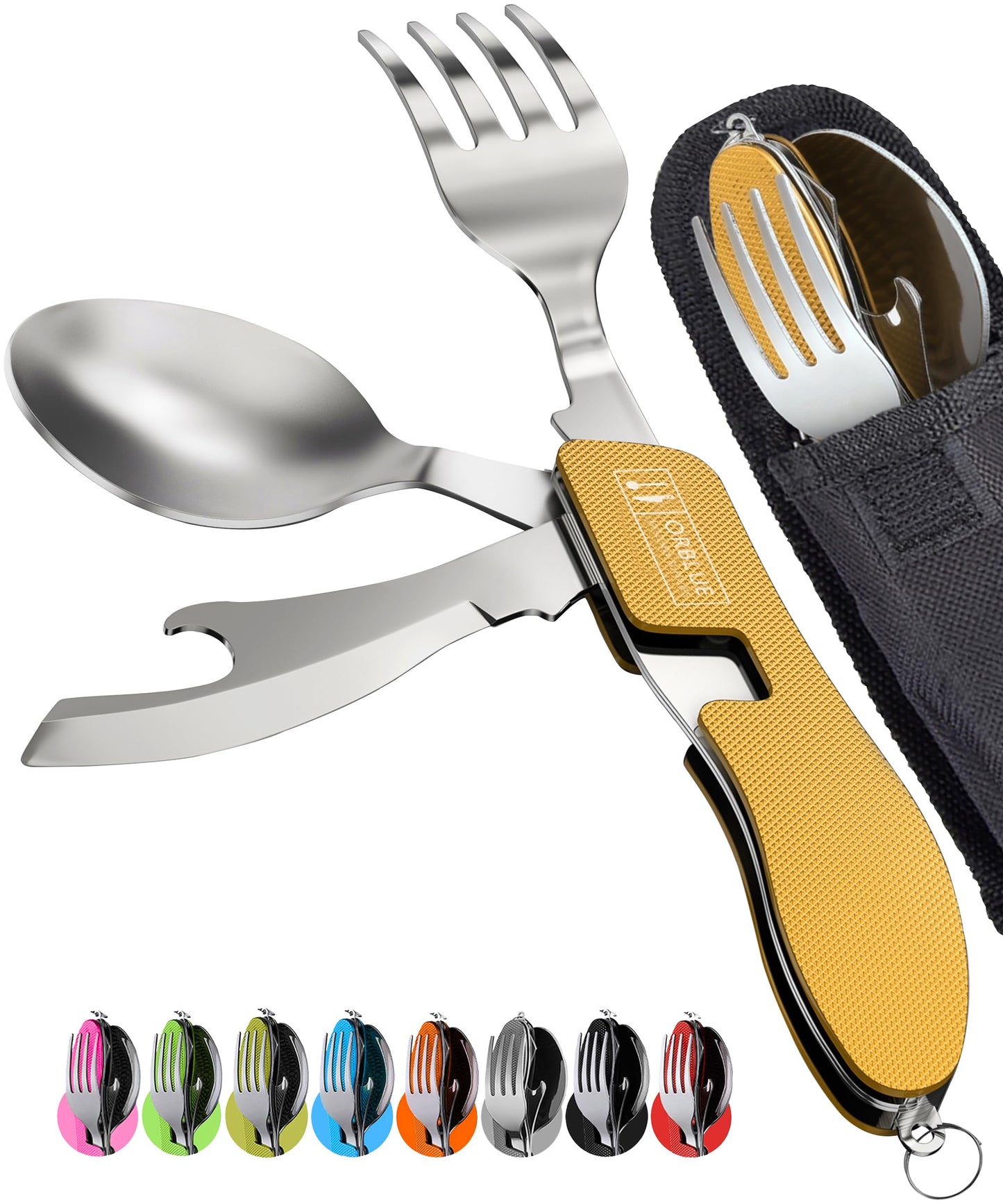 Orblue 4-in-1 Camping Utensils, 1-Pack, Portable Stainless Steel Spoon, Fork, Knife & Bottle Opener Combo Set - Travel, Backpacking Cutlery Multitool Olive Green