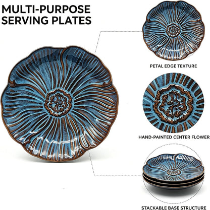 HVH 8 inch Large Pasta Bowls Set of 4, 40oz Wide Shallow Salad Bowls, Reactive Glaze Ceramic Dinner Serving Bowls Set for Ramen, Microwave & Dishwasher Safe, Corn Poppy Series (Reactive Darkblue)