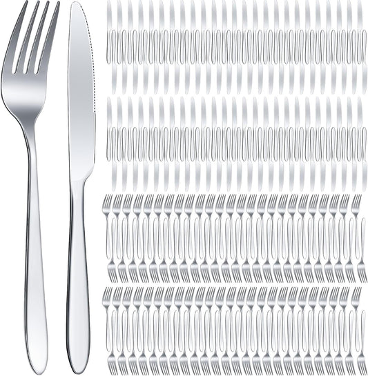 Nuenen 150 Pcs Stainless Steel Set 75 Dinner Forks and 75 Knives, Metal Steak Knives Forks Flatware Tableware Cutlery Set for Home Restaurant(Silver,8.4 x 0.7 Inch,7.1 x 1 Inches)