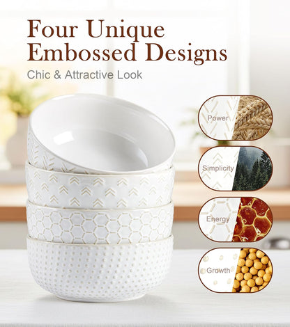 Lareina Cereal bowls 26 oz, Ceramic Soup Bowl for Kitchen, Embossed Boho Bowl for Cereal, Salad, Pasta, Soup, Dessert, Serving, Dishwasher & Microwave Safe, Set of 4, Ivory White