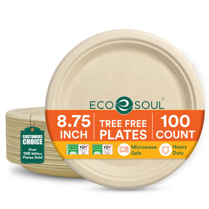 ECO SOUL 9 Inch Disposable Bagasse Paper Plates (100 Pack, Round) | Natural, Compostable, 100% Virgin Bagasse Pulp, Heavy Duty, Biodegradable, Microwave Safe, Food Safe, Eco-Friendly