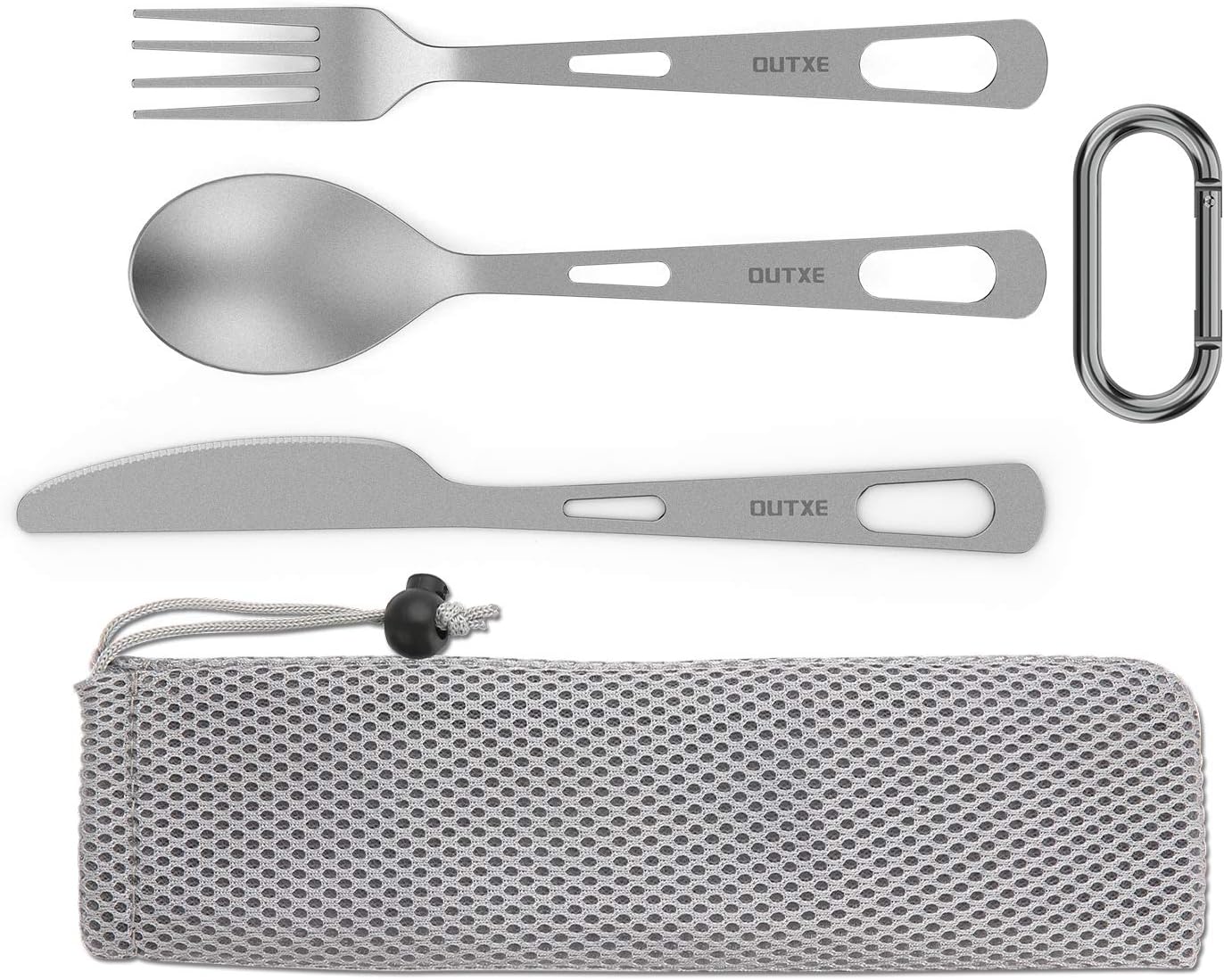 OUTXE Titanium Flatware Knife Fork Spoon Set Lightweight Ti Camping Utility Cutlery Set with Carrying Bag for Traveling Picnic Hiking | with Carrying Bag for Traveling Picnic Hiking